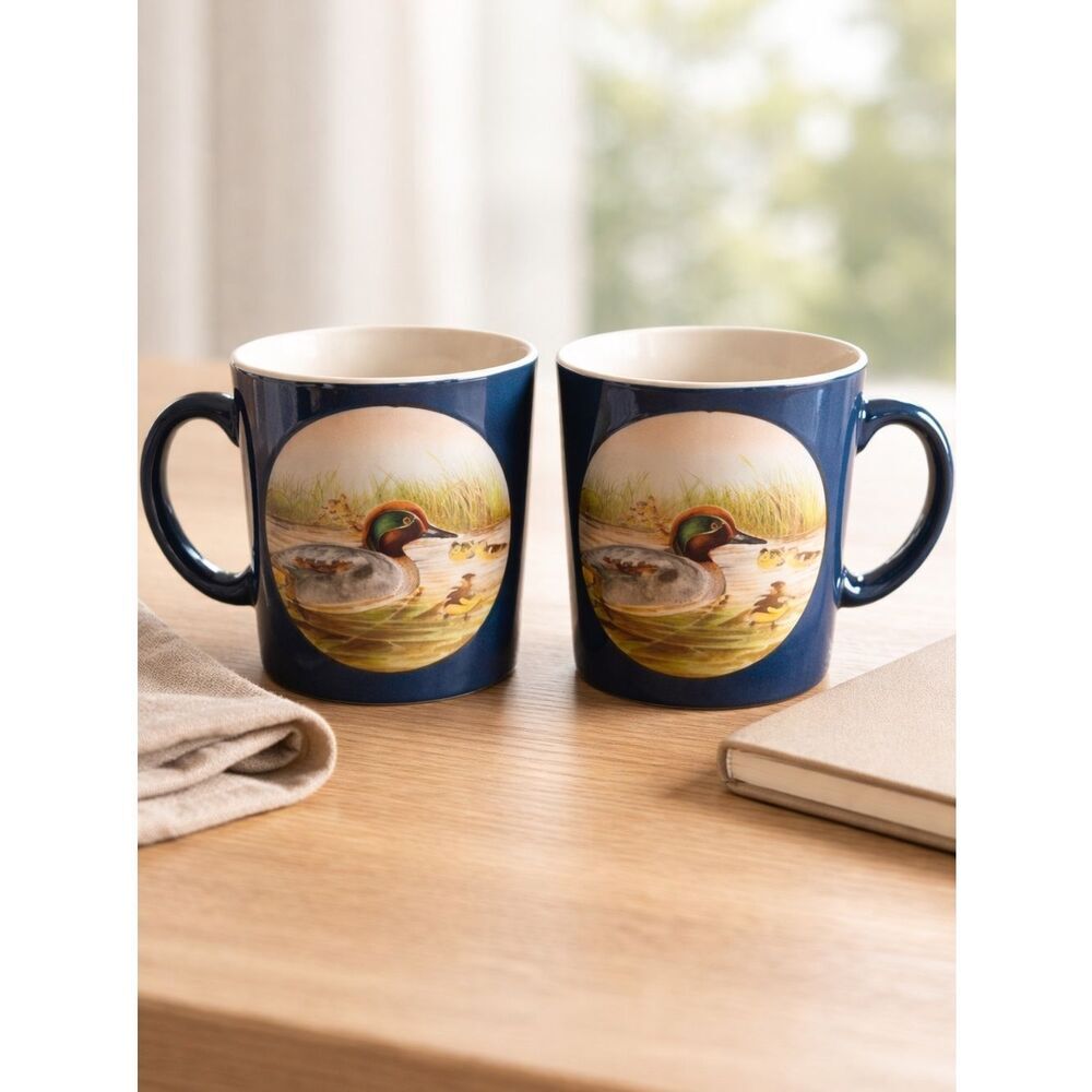VINTAGE Otagiri Japan Pair of Bkue Ceramic Duck Coffee Tea Cup Mug - 12oz